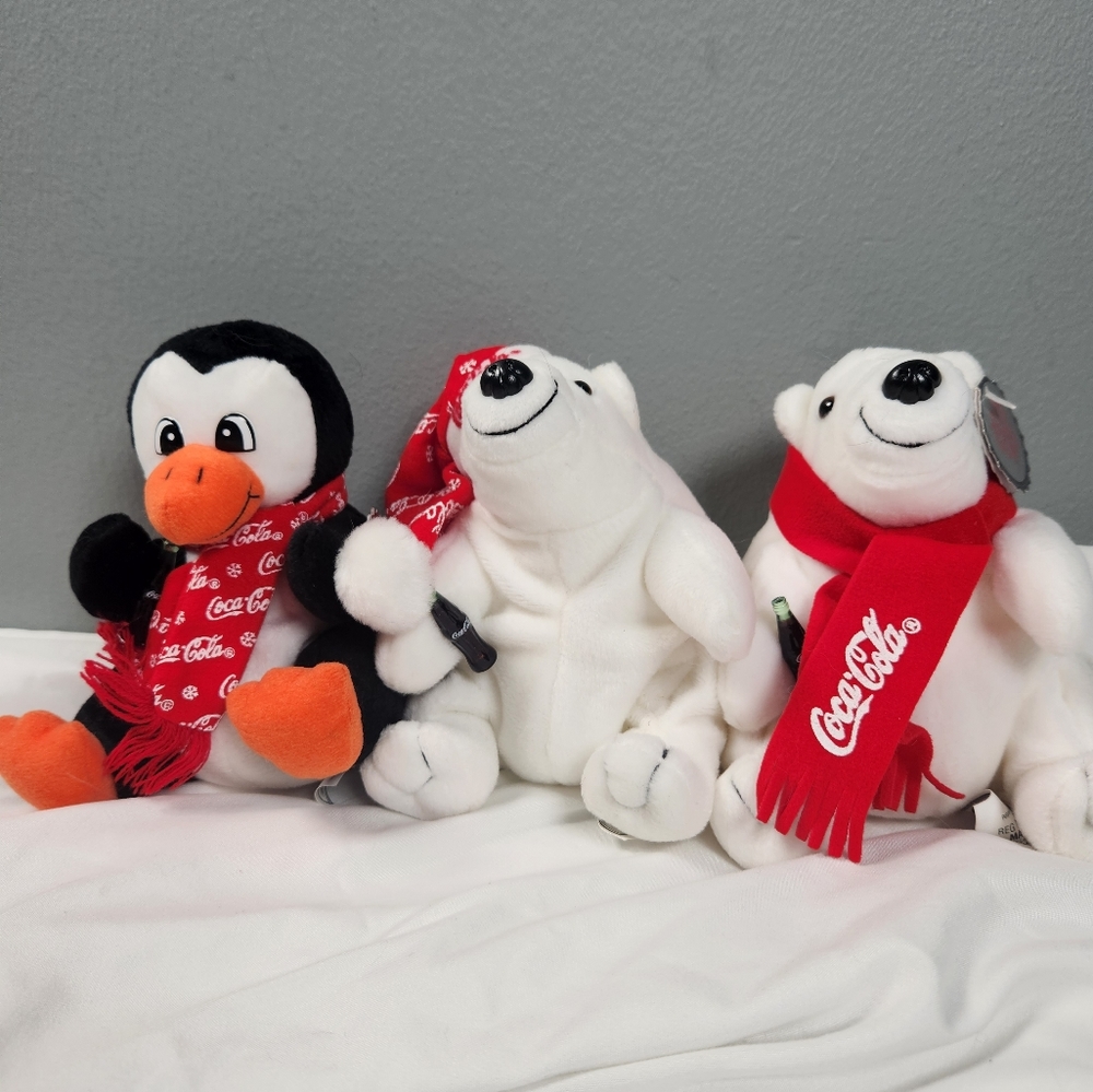 Lot of 3 Coca Cola Bean Bag Plush Toys Polar Bear Seal Penguin